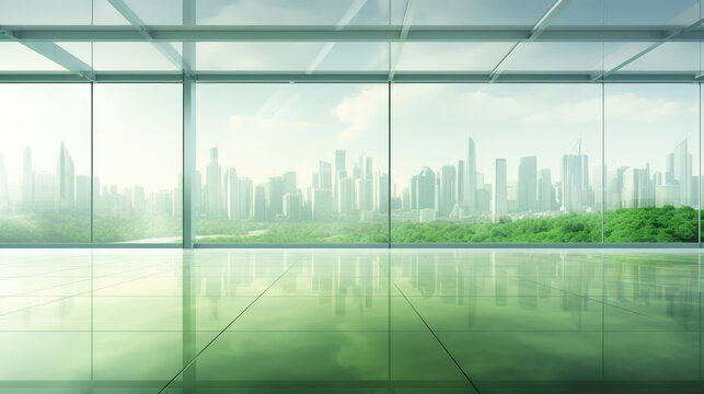 empty room with glass wall and cityscape on background