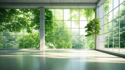 Empty modern bright interiors room illustration with bokeh effect and forest scenery outside the room..