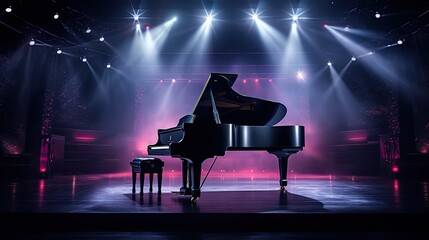 black piano nightclub stage with lights generative AI - obrazy, fototapety, plakaty