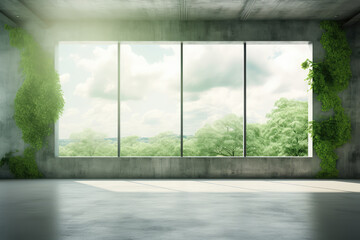 Empty modern bright interiors room illustration with light effect and forest scenery outside the room
