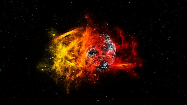 Silhouettes of large spaceships with many lights fly in space against the backdrop of a burning planet and a bright red-yellow nebula. 4k loop video animation.
