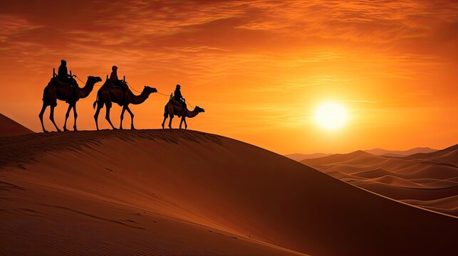 silhouette camel caravan crossing the dunes magically at sunset sahara desert generative AI