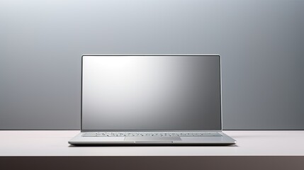 sleek silver laptop open on minimalist white desk generative AI