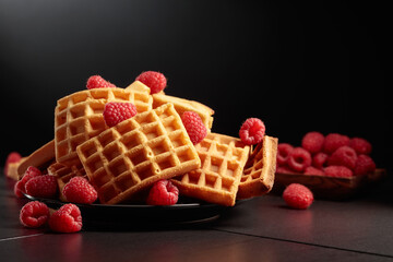 Belgian waffles with raspberries on a black background.