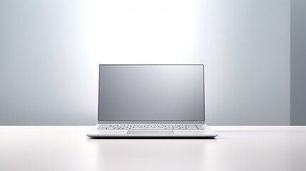 sleek silver laptop open on minimalist white desk generative AI