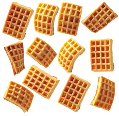 Set of Belgian curved waffles isolated on a white background.