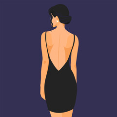 Fototapeta premium Vector fashion illustration, elegant young woman with dark hair in a seductive stylish dress with bare shoulders and back. Back view. 