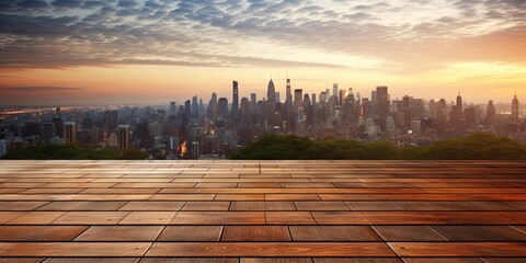 Modern architecture meets sunrise glow. Empty floor against city sunset. City view with empty wooden deck