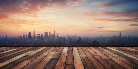 Naklejka premium Modern architecture meets sunrise glow. Empty floor against city sunset. City view with empty wooden deck