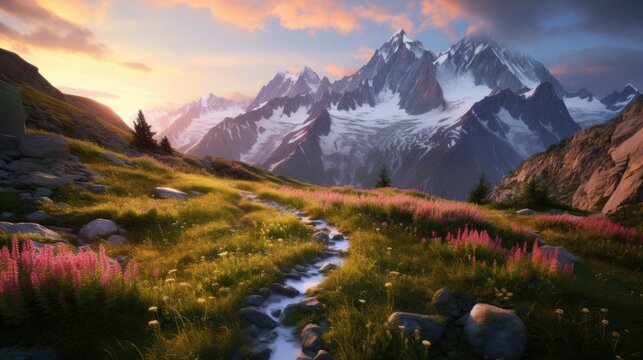 sunset colorful chamouny mont blanc french alps hiking trails leading through alpine meadows generative AI