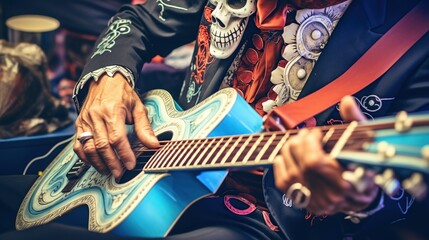 Man plays guitar on Day of the Dead, Mexico. Generative AI