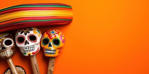 Mexican skull maracas on orange background. Generative AI