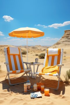 A Couple Of Lawn Chairs Sitting On Top Of A Sandy Beach. AI.