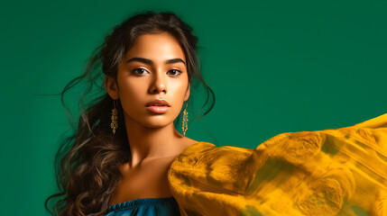 Young Mexican girl in a long dress on a green background.  Ai Generative - obrazy, fototapety, plakaty