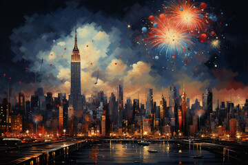 Obraz premium Cityscape with Fireworks Generative AI