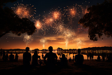 Obraz na płótnie Canvas Silhouette of People Watching Fireworks Generative AI