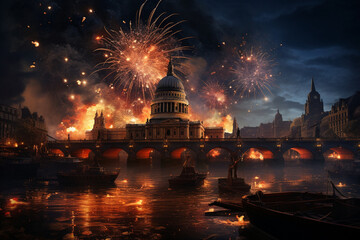 Fireworks Bursting Behind Landmarks Generative AI