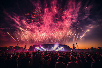 A dynamic shot of fireworks lighting up the sky during outdoor concerts and music festivals, adding an extra layer of excitement to the event Generative AI