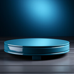 Set against a darker background, a cerulean-blue product display stand stands ready to cradle your merchandise.