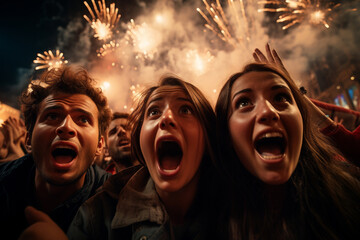 people's reactions as they watch fireworks, capturing a range of emotions from excitement to awe Generative AI - obrazy, fototapety, plakaty