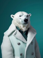 Anthropomorphic polar bear wearing a polar bear fur coat. Hypocrisy, paradoxal wildlife exploitation. Ai generated image