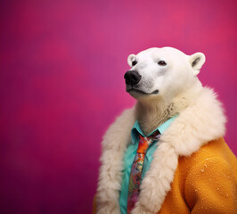 Anthropomorphic polar bear wearing a polar bear fur coat. Hypocrisy, paradoxal wildlife exploitation. Ai generated image