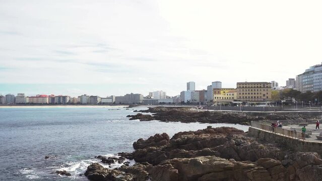 Beautiful A Coruna city. Situated in Galicia, Northwest of Spain. Travel destination. Panoramic view of the city. View of Riazor Beach and Orz&aacute;n Beach. 
