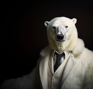 Polar bear wearing a polar bear fur coat. Irony, paradoxal endangered species concept. Ai generated image