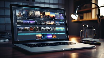 video editing software timeline sequence on laptop generative AI - obrazy, fototapety, plakaty