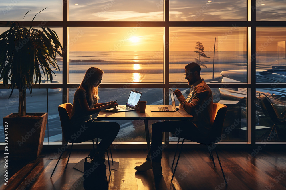 Poster the man and woman working on their laptops at a shared workspace with a view