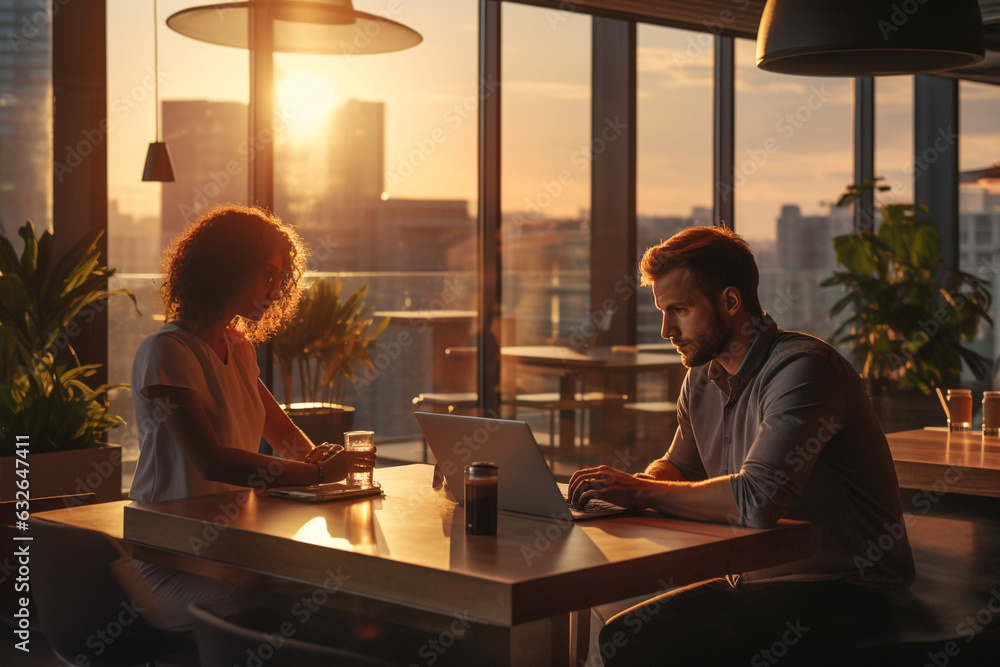 Poster The man and woman working on their laptops at a shared workspace with a view 