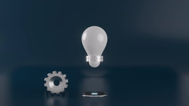 Gear moving put on button starting light bulb, Switching on, Business process concept. Business start up idea. Business mechanism concept. Creative ideas and innovations. Inspiration. 3d animation