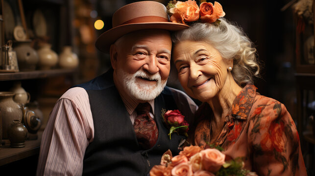 Happy Old Couple, In An Old Room With Flowers 