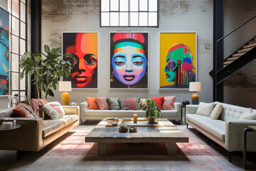 A collection of colorful artwork and photographs adorning the loft walls 
