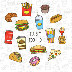  cartoon fast food isolated on white, fast food cartoon illustration, breakfast food, unhealthy food