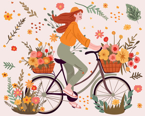 Delightful girl pedaling a bike with a basketful of blooms. Lovely woman cycling. Eco mobility concept. Perfect for web, banner, card. Vector illustration.