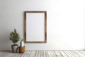 Fototapeta na wymiar A blank barnwood picture frame on a white wall. (Generative AI)
