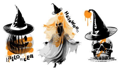 Tee prints set with Portrait of a skull in a witchee's hat, scarry ghost and melting skull in hat. Can be used for printing on T-shirts, flyers, etc. Vector dotted textured illustration