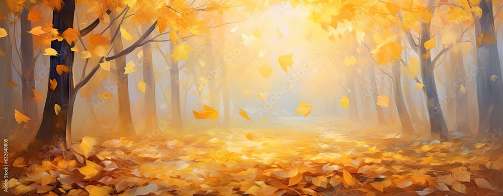 Poster autumn leaves on a ground with the light rays on them generative ai