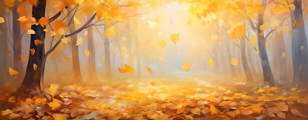 autumn leaves on a ground with the light rays on them Generative AI