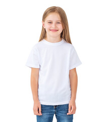 Fototapeta premium Little kid girl wearing a blank white t-shirt isolated on white background