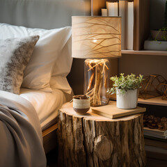 Interior design of modern bedroom with wooden bed, lamp, books and plants