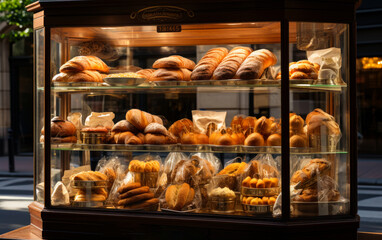 Showcase with a variety of freshly made pastry. Bakery window case with loaves of bread, rolls, buns and croissants.