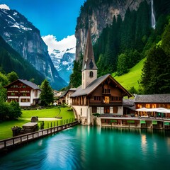 Fototapeta na wymiar Lauterbrunnen valley and Staubbach Fall in Swiss Alps, Switzerland 