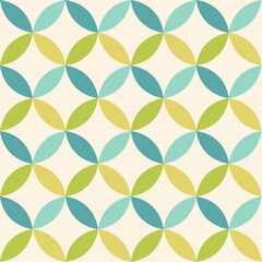 Vector wallpaper with seamless geometric circular pattern in retro 70s style. The design features circles with stars. Green palette.	
