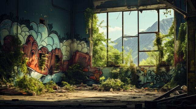 a graffiti mural depicting nature reclaiming an abandoned space generative AI