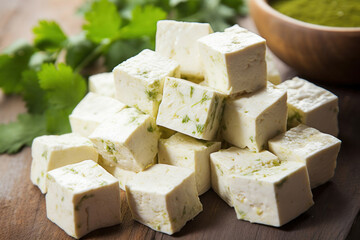 Paneer cheese cubes on a cutting board with green sauce and cilantro on the table