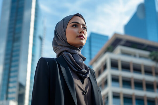 Portrait of confident Asian fashionable businesswoman with hijab and formal cloth Generative AI