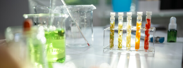 Natural organic green botany laboratory with scientific glassware, Alternative herb medicine or skin care beauty products, Plant cosmetic chemistry research and dermatology development concept.