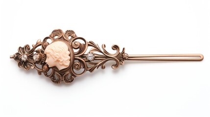 antique cameo hairpin with intricate shell carving isolated on a white background generative AI - obrazy, fototapety, plakaty